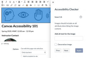 Canvas 'Accessibility Checker' panel showing issue 1 of 6, which is a missing text description for an image .