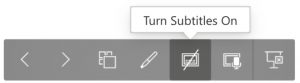 PowerPoint slideshow toolbar with 'subtitles' button and other presentation options.